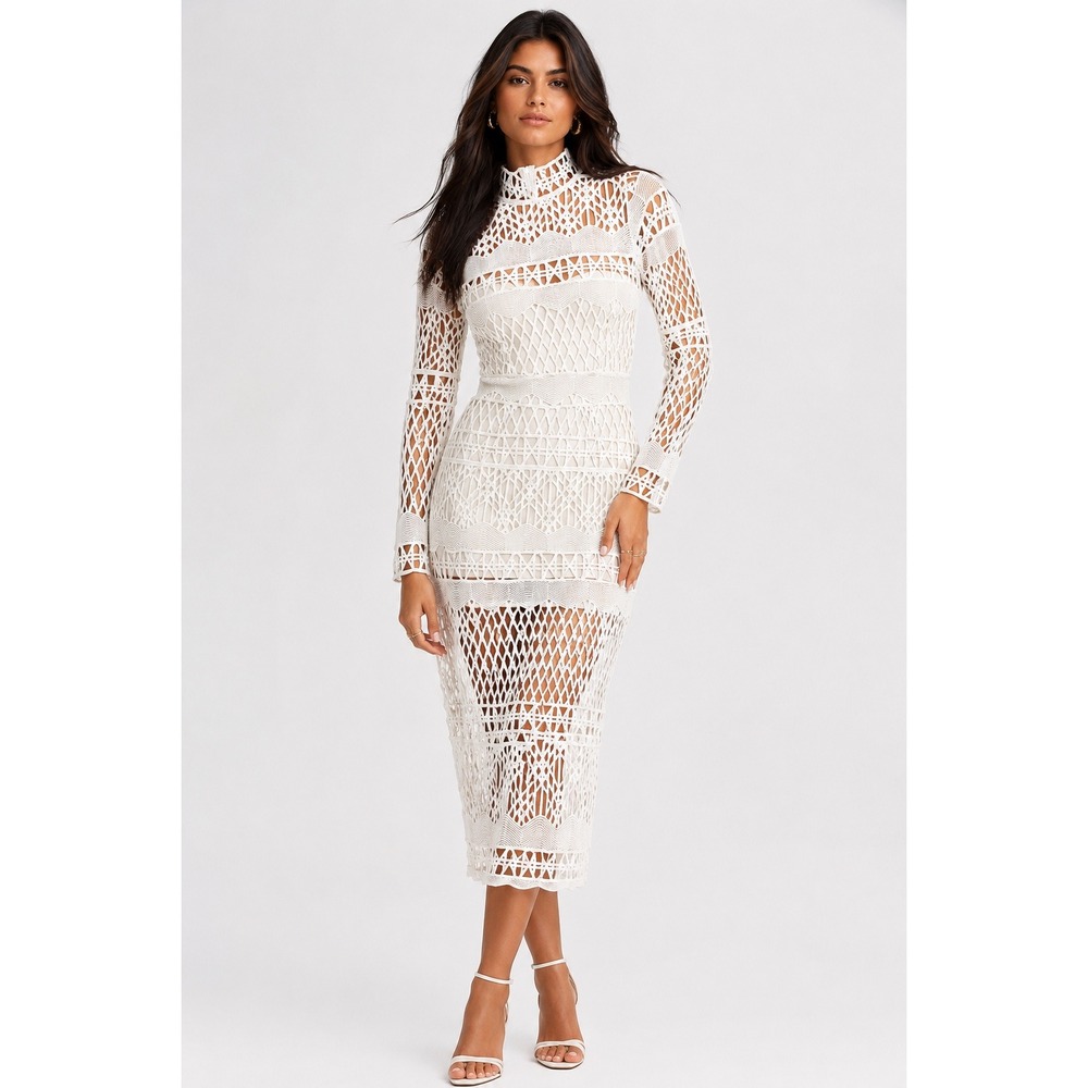DIANA White Mesh Lace Midi Dress High Neck Long Sleeve Sheer Overlay XS S